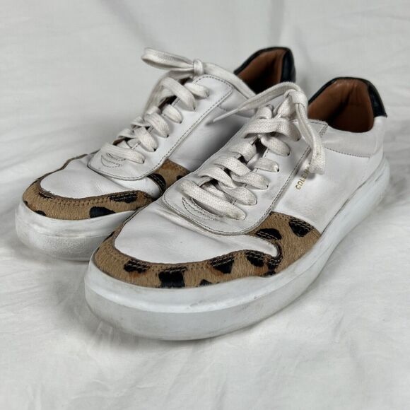 Cole Haan Women's GrandPro Sneaker 9 White Leather Leopard Horse/Cow Hair Trim - Picture 2 of 10